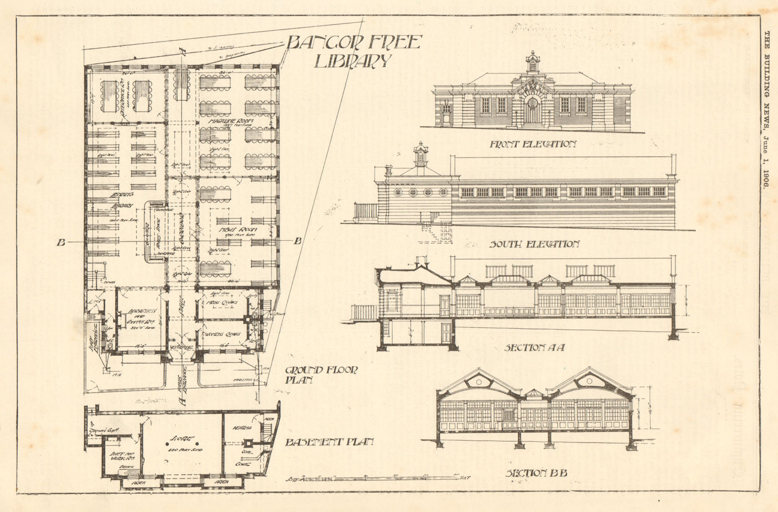 Bangor Free Library. Sections, elevations & plans. Wales 1906 old print